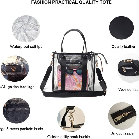Large Clear Tote Bag Waterproof Durable Stadium Approved Crossbody - Picture 3 of 7